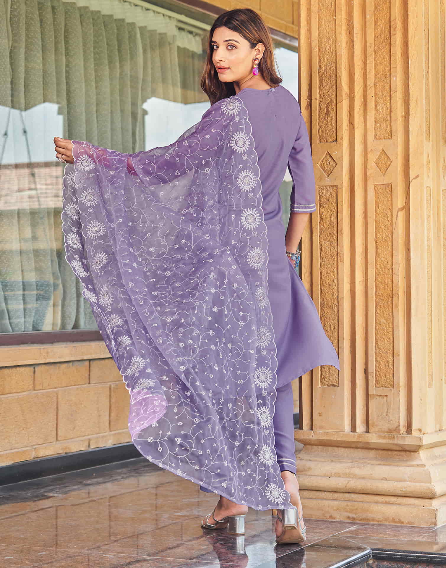 Lavender Sequence Cotton Straight Kurta With Pant And Dupatta