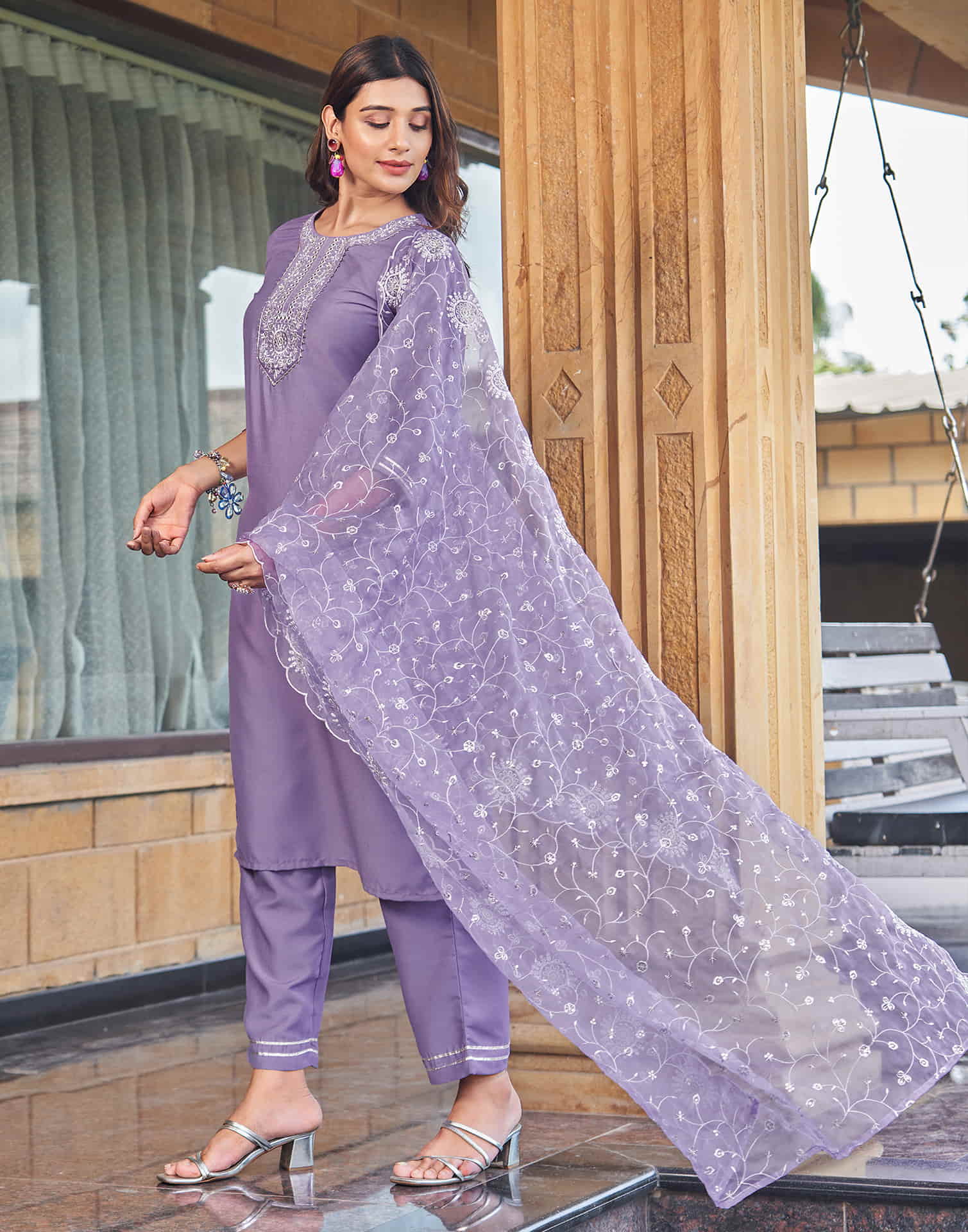 Lavender Sequence Cotton Straight Kurta With Pant And Dupatta