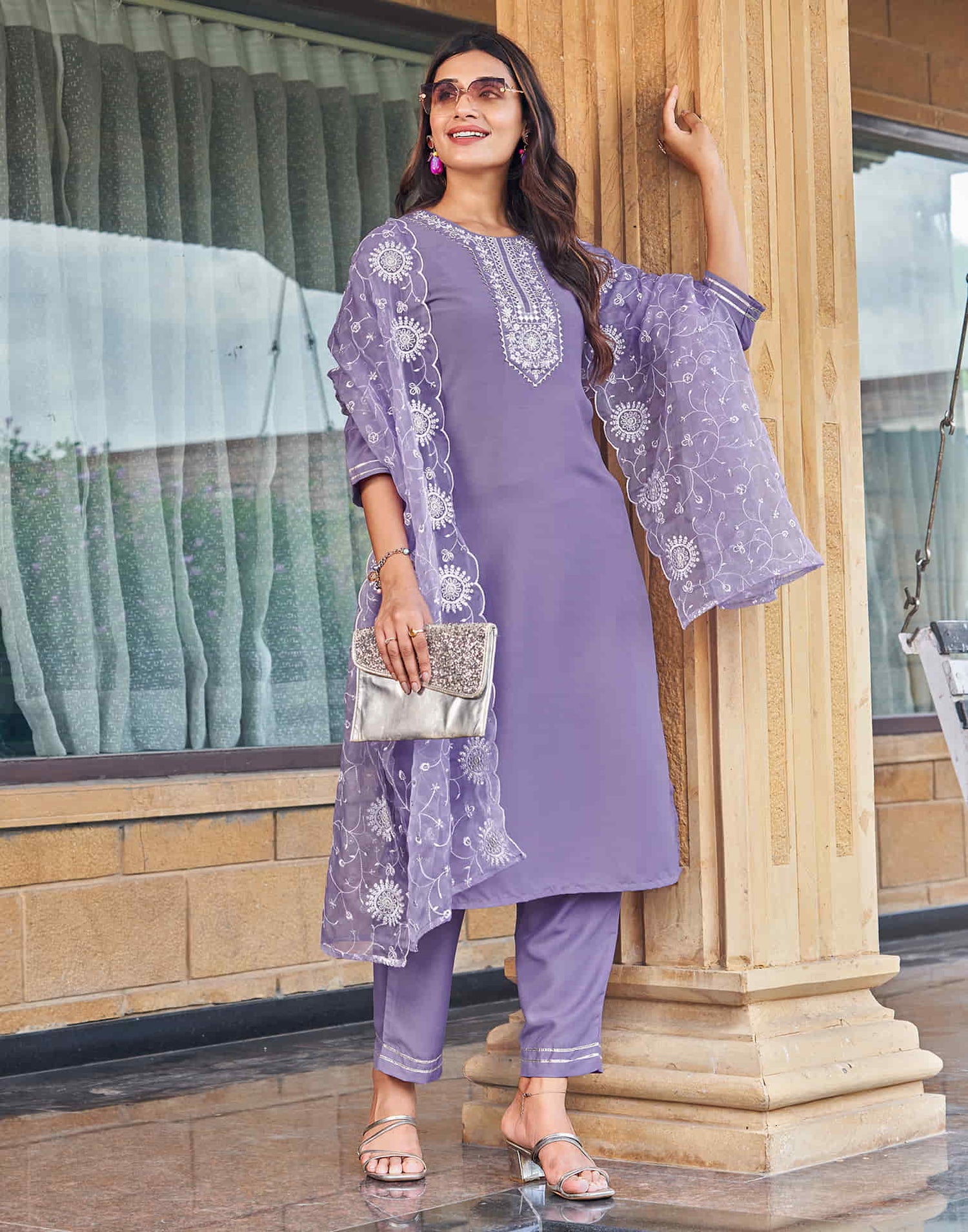 Lavender Sequence Cotton Straight Kurta With Pant And Dupatta