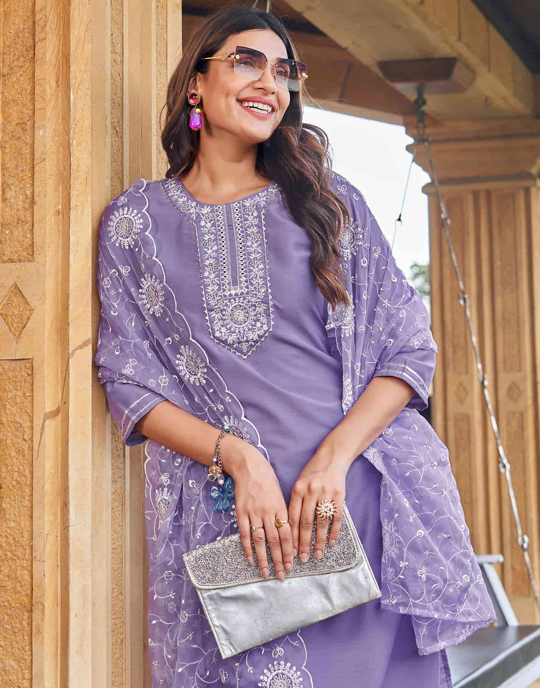 Lavender Sequence Cotton Straight Kurta With Pant And Dupatta