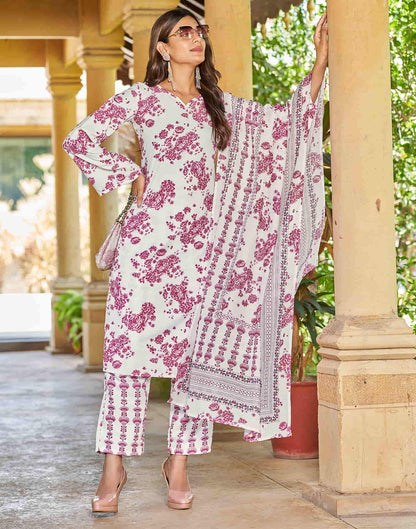 White Printed Rayon Straight Kurta With Pant And Dupatta