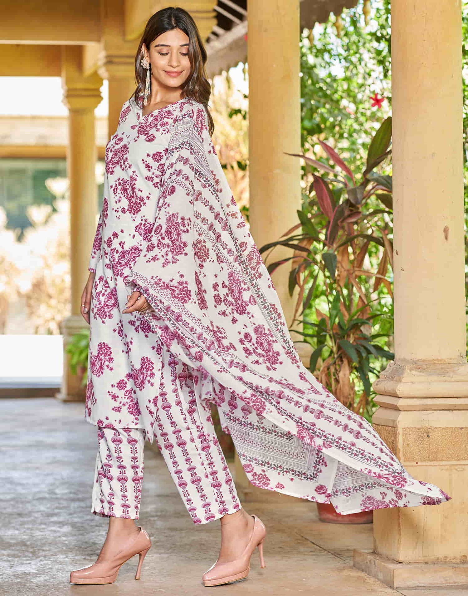 White Printed Rayon Straight Kurta With Pant And Dupatta