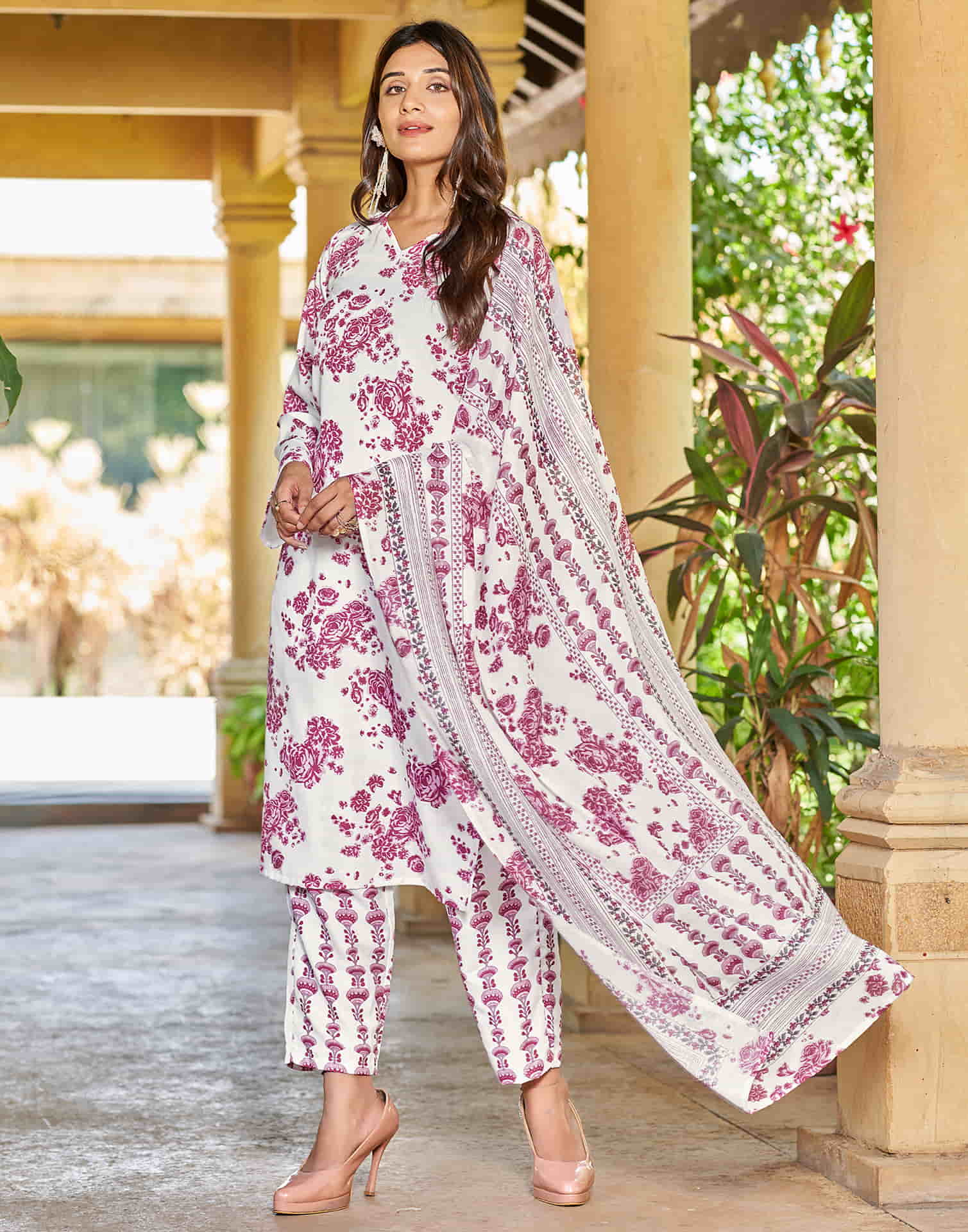 White Printed Rayon Straight Kurta With Pant And Dupatta