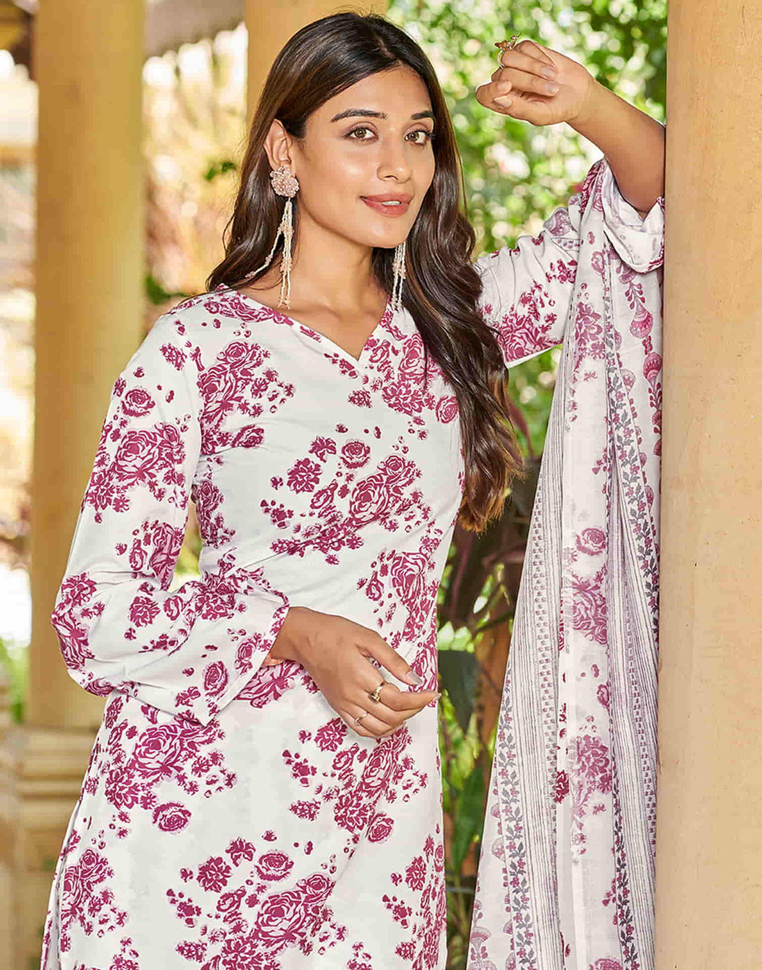 White Printed Rayon Straight Kurta With Pant And Dupatta