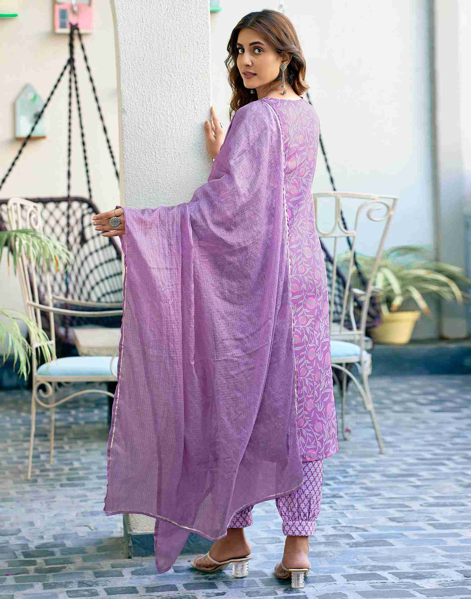 Light Purple Printed Rayon Straight Kurta Set With Dupatta