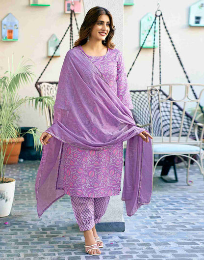 Light Purple Printed Rayon Straight Kurta Set With Dupatta