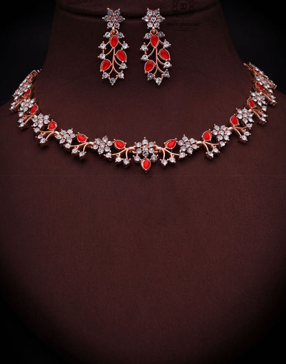 Red Gold Choker Necklace Set With Dangle Earring