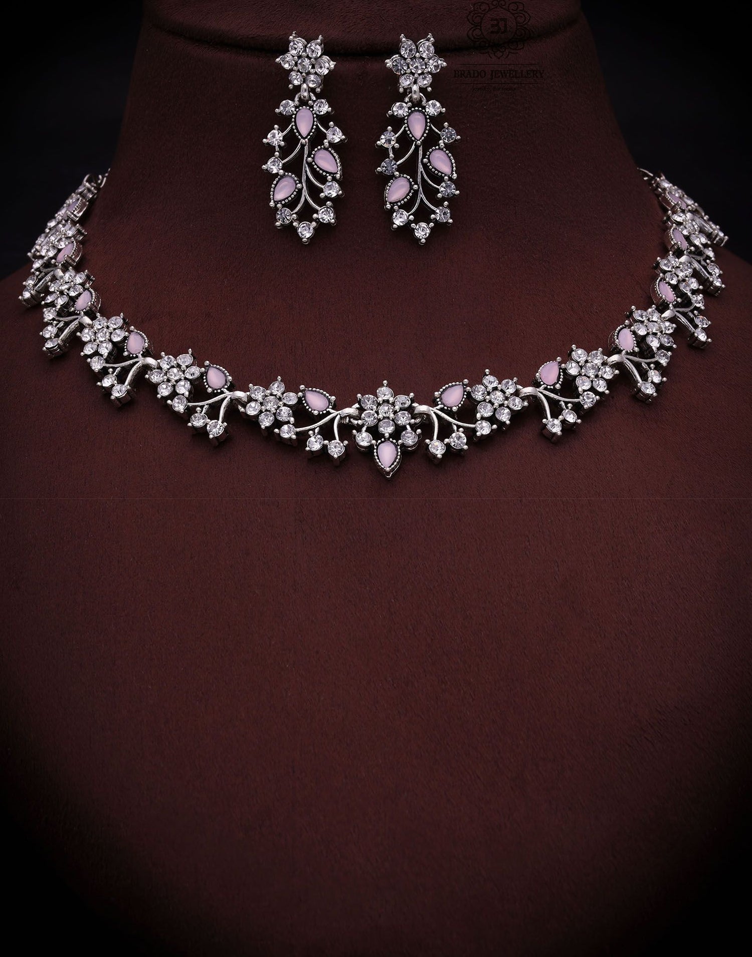 Pink Silver Choker Necklace Set With Dangle Earring