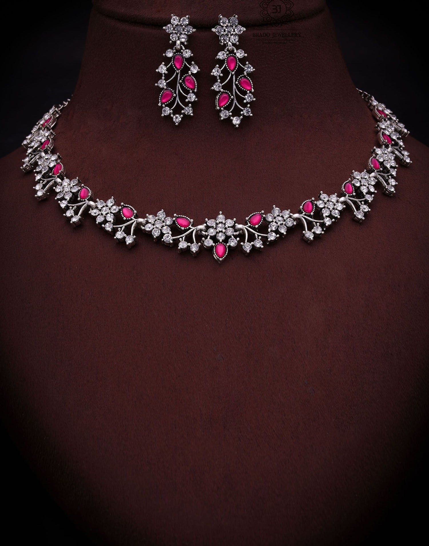 Pink Silver Choker Necklace Set With Dangle Earring