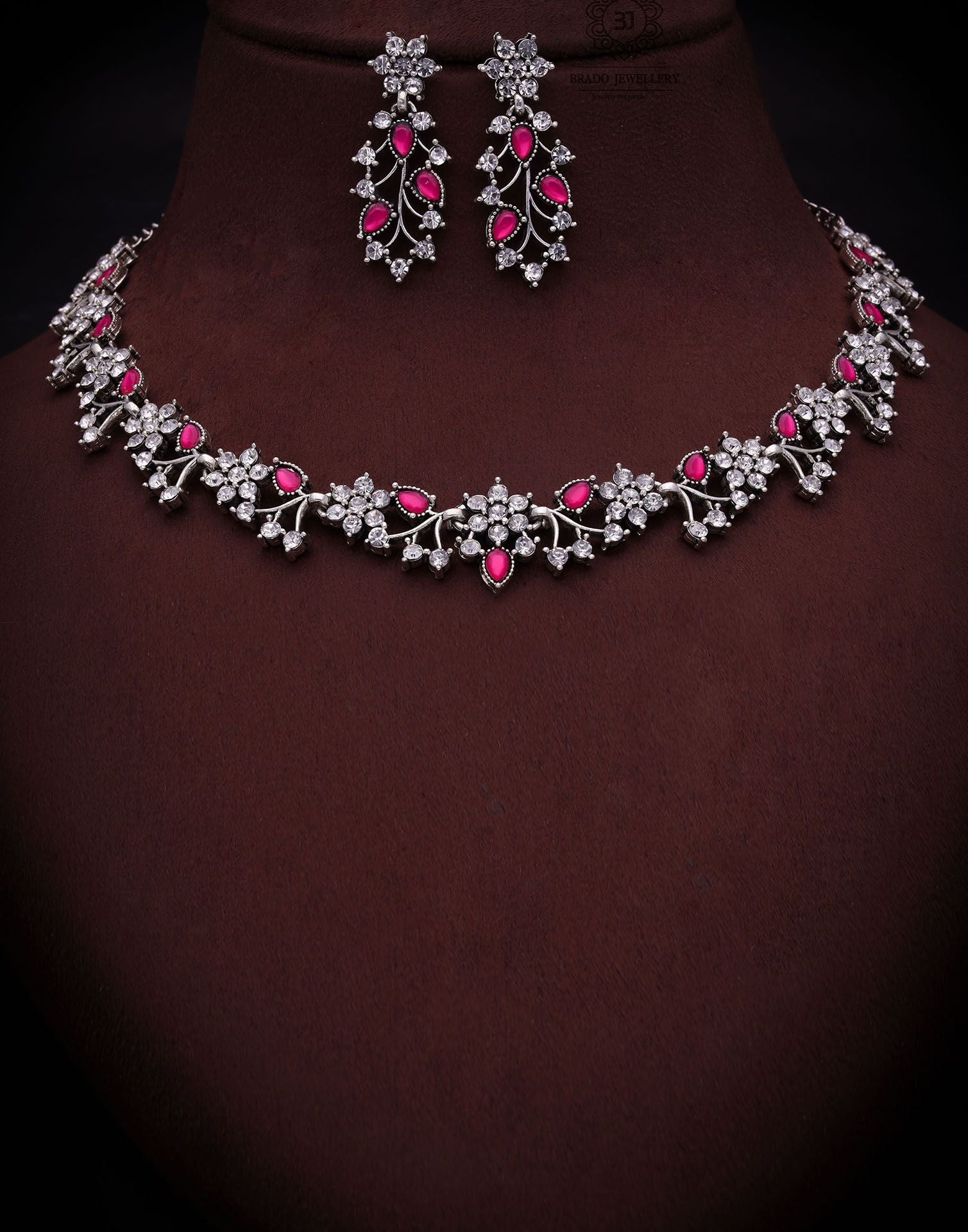 Pink Silver Choker Necklace Set With Dangle Earring