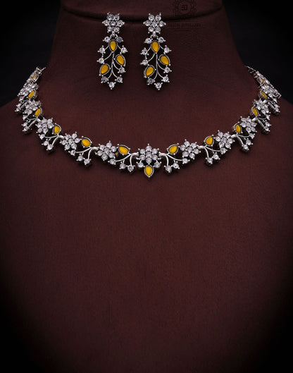 Yellow Silver Choker Necklace Set With Dangle Earring