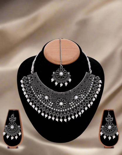 Black Silver Choker Necklace Set With Dangle Earring