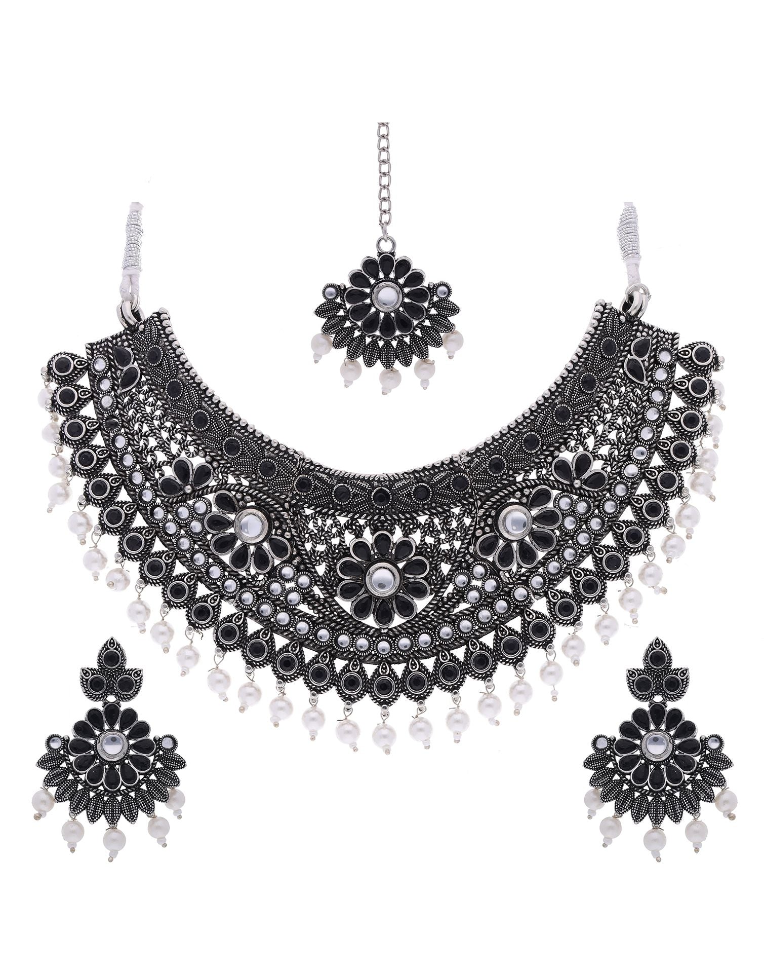 Black Silver Choker Necklace Set With Dangle Earring