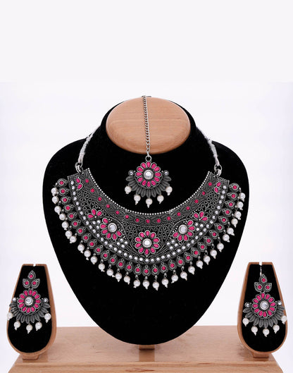 Pink Silver Choker Necklace Set With Dangle Earring