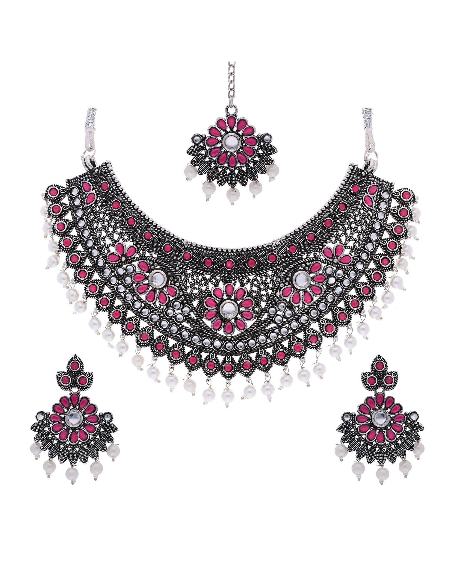 Pink Silver Choker Necklace Set With Dangle Earring