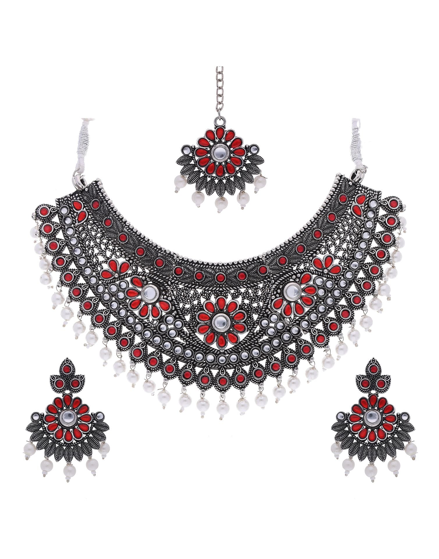 Red Silver Choker Necklace Set With Dangle Earring