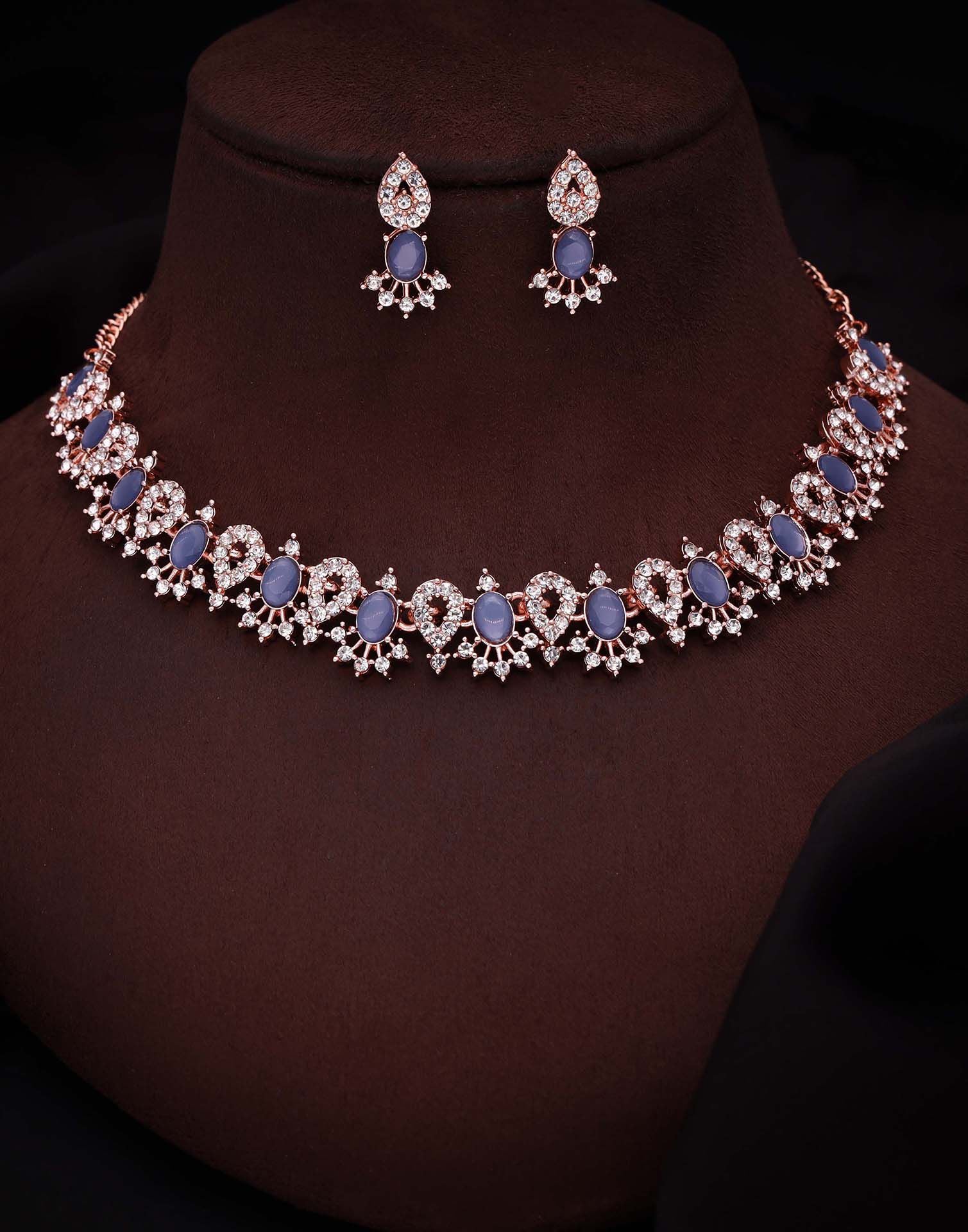 Blue Rose Gold Choker Necklace Set With Stud Earring