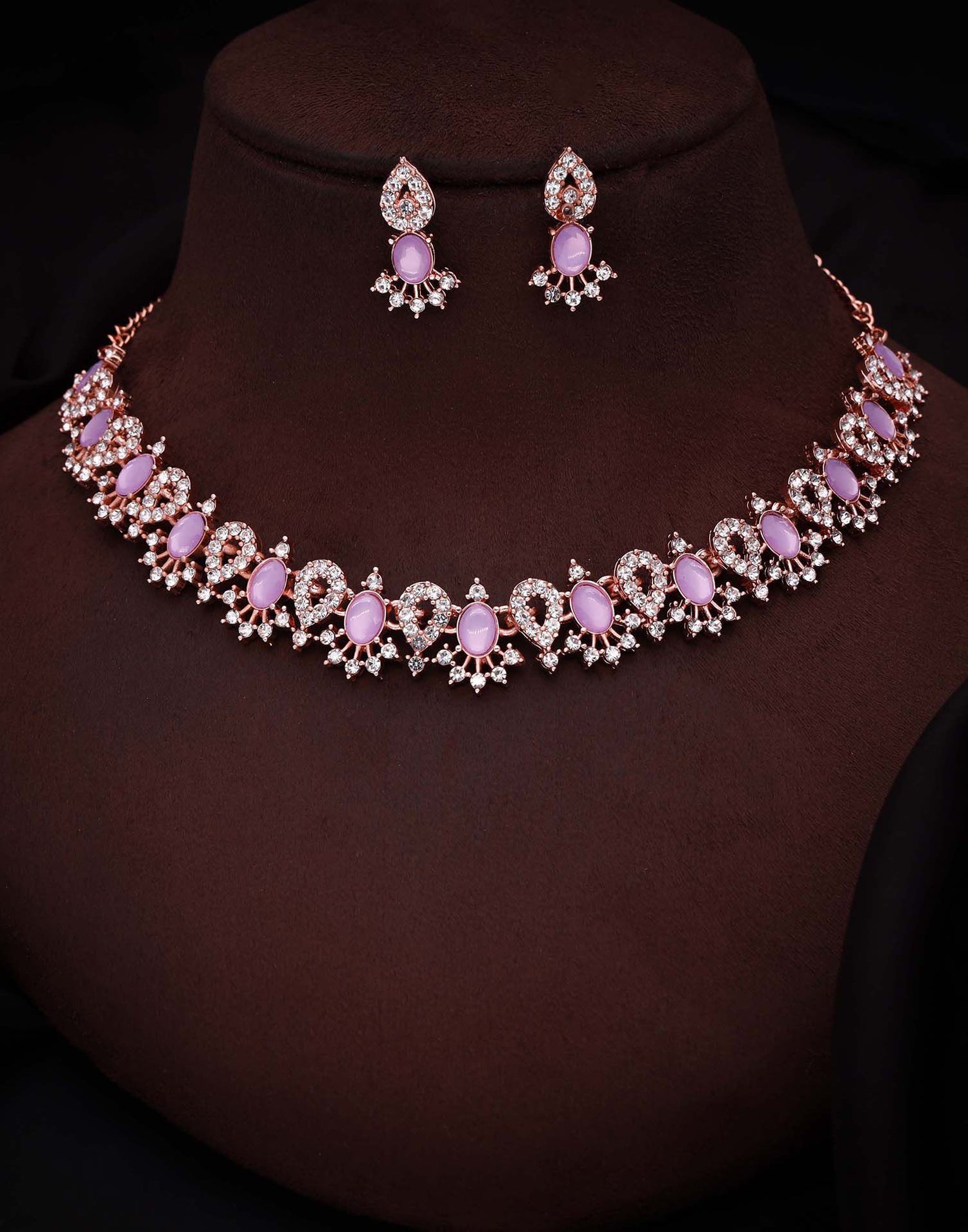 Purple Rose Gold Choker Necklace Set With Stud Earring