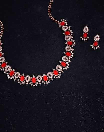 Red Rose Gold Choker Necklace Set With Stud Earring