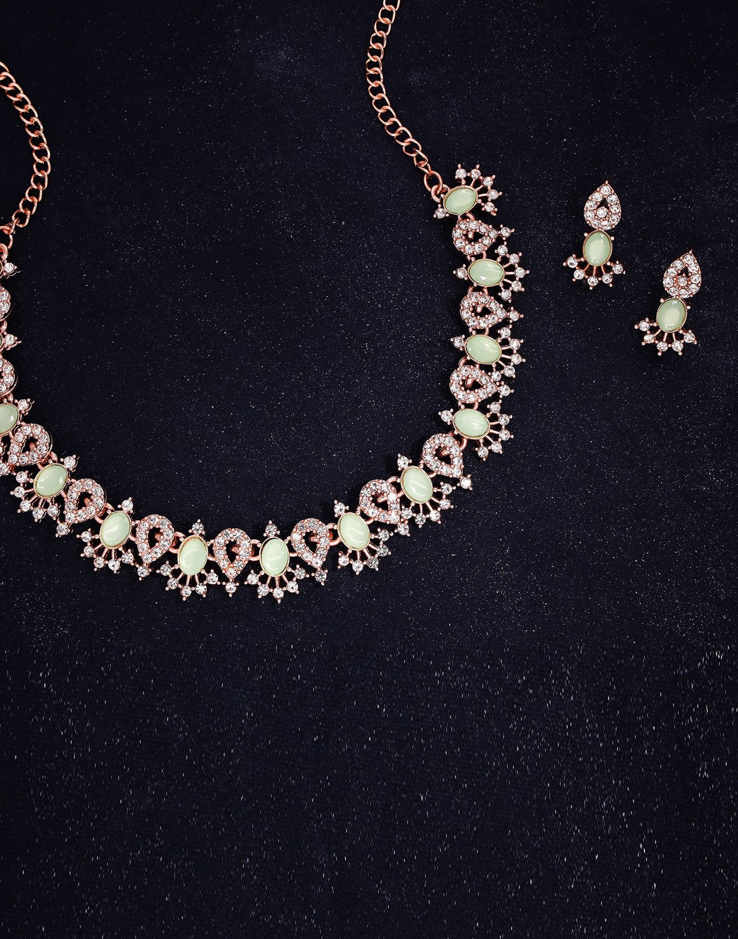 Green Rose Gold Choker Necklace Set With Stud Earring