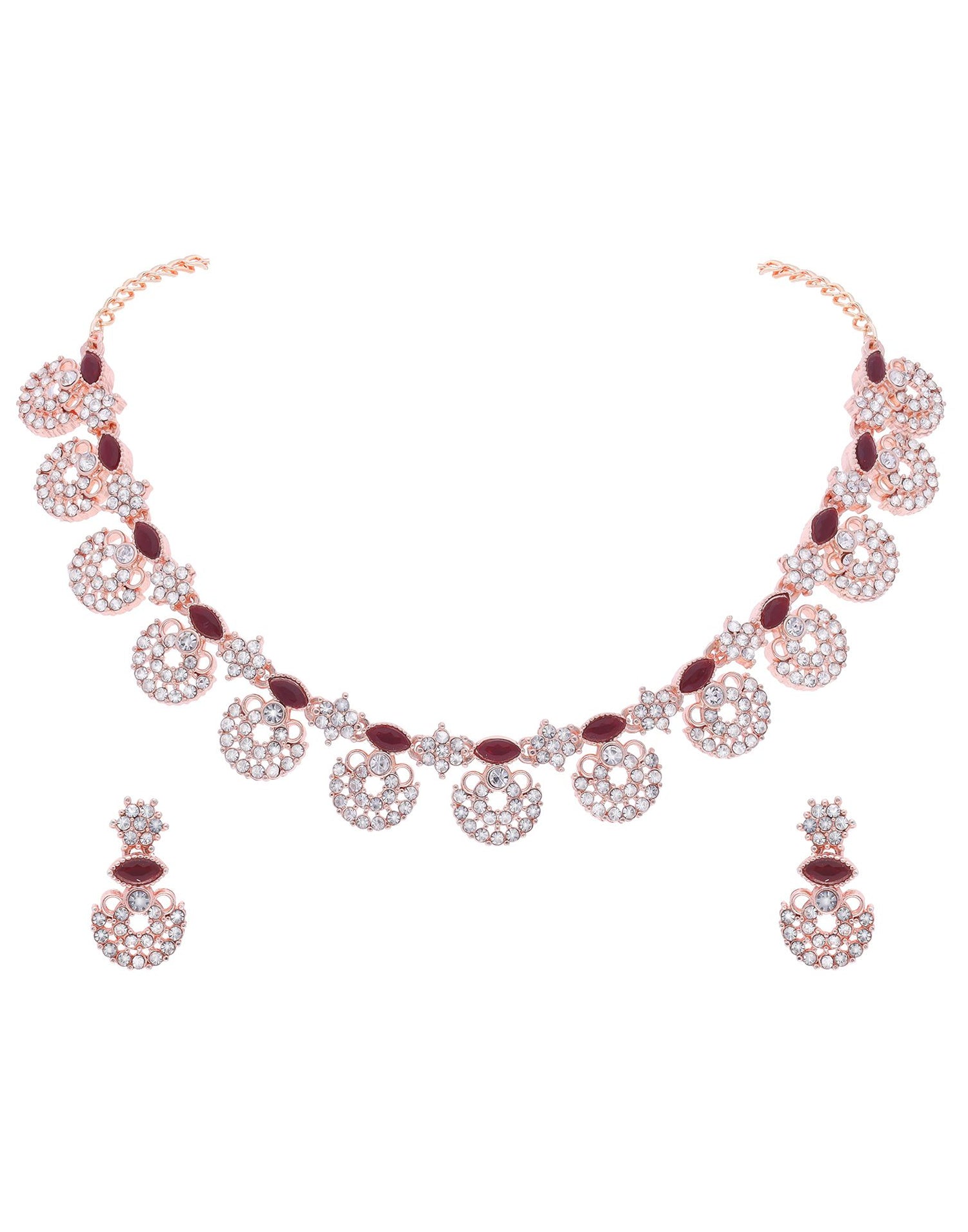 Maroon Rose Gold Choker Necklace Set With Drop Earring