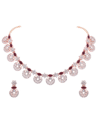 Maroon Rose Gold Choker Necklace Set With Drop Earring