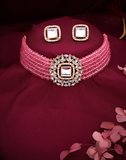 Pink Gold Layered Necklace Necklace Set With Stud Earring