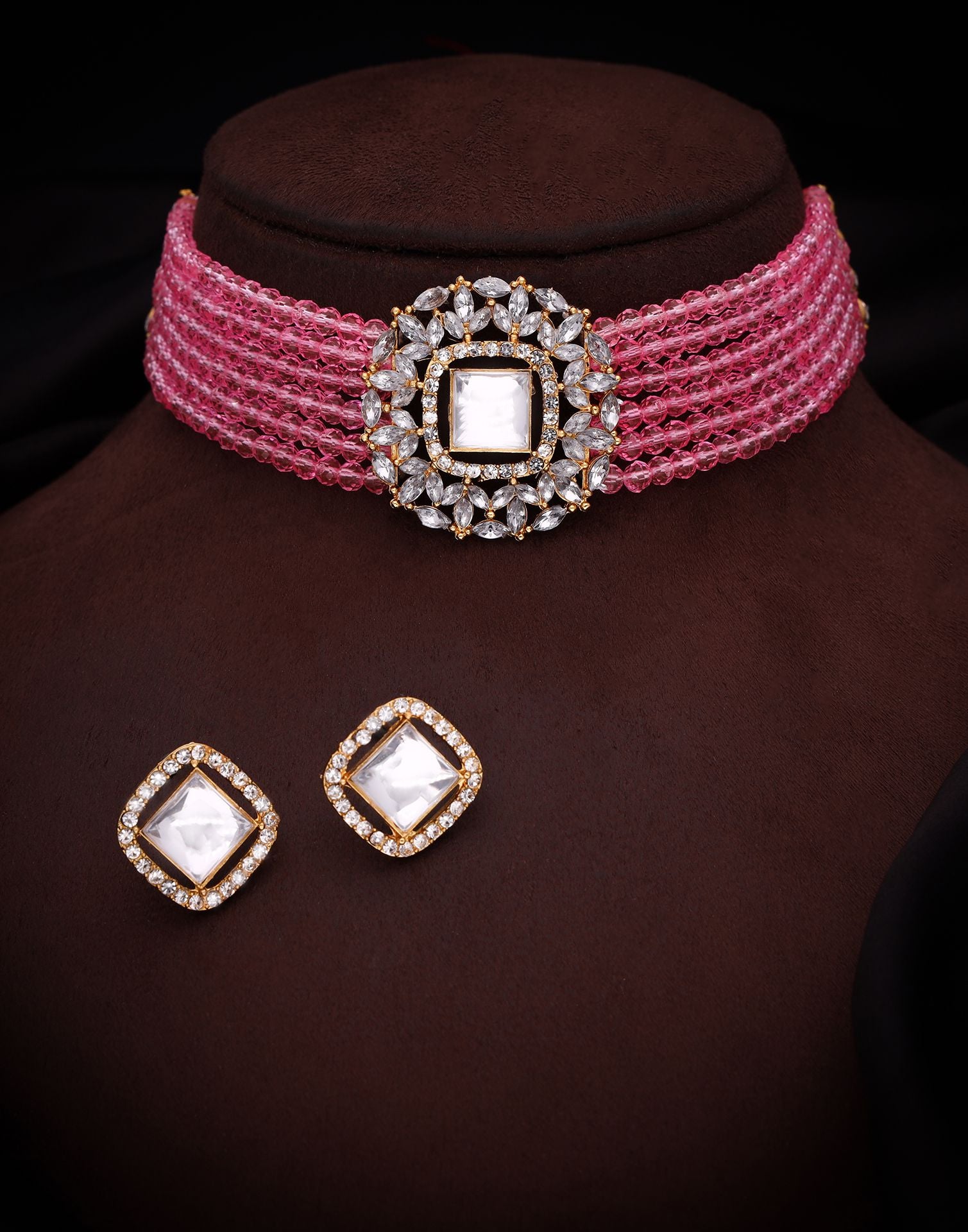 Pink Gold Layered Necklace Necklace Set With Stud Earring