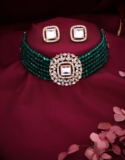 Green Gold Layered Necklace Necklace Set With Stud Earring