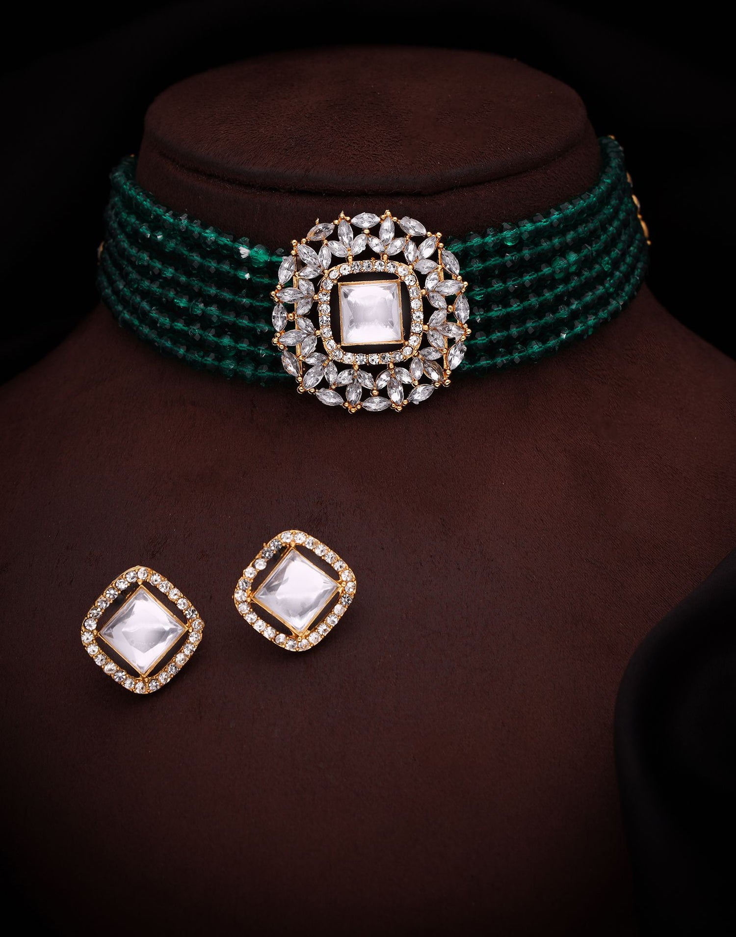 Green Gold Layered Necklace Necklace Set With Stud Earring