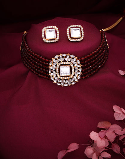 Maroon Gold Layered Necklace Necklace Set With Stud Earring