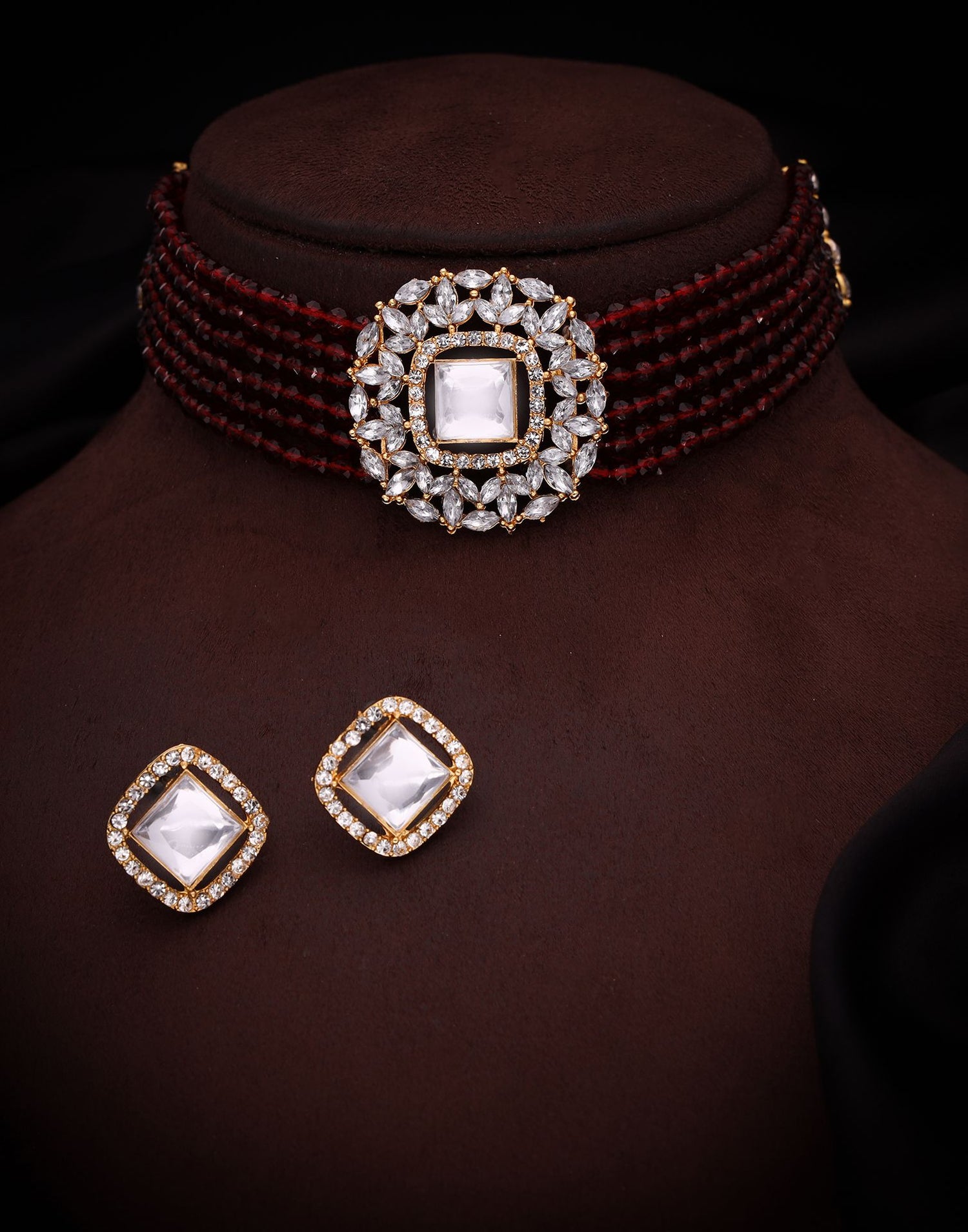 Maroon Gold Layered Necklace Necklace Set With Stud Earring