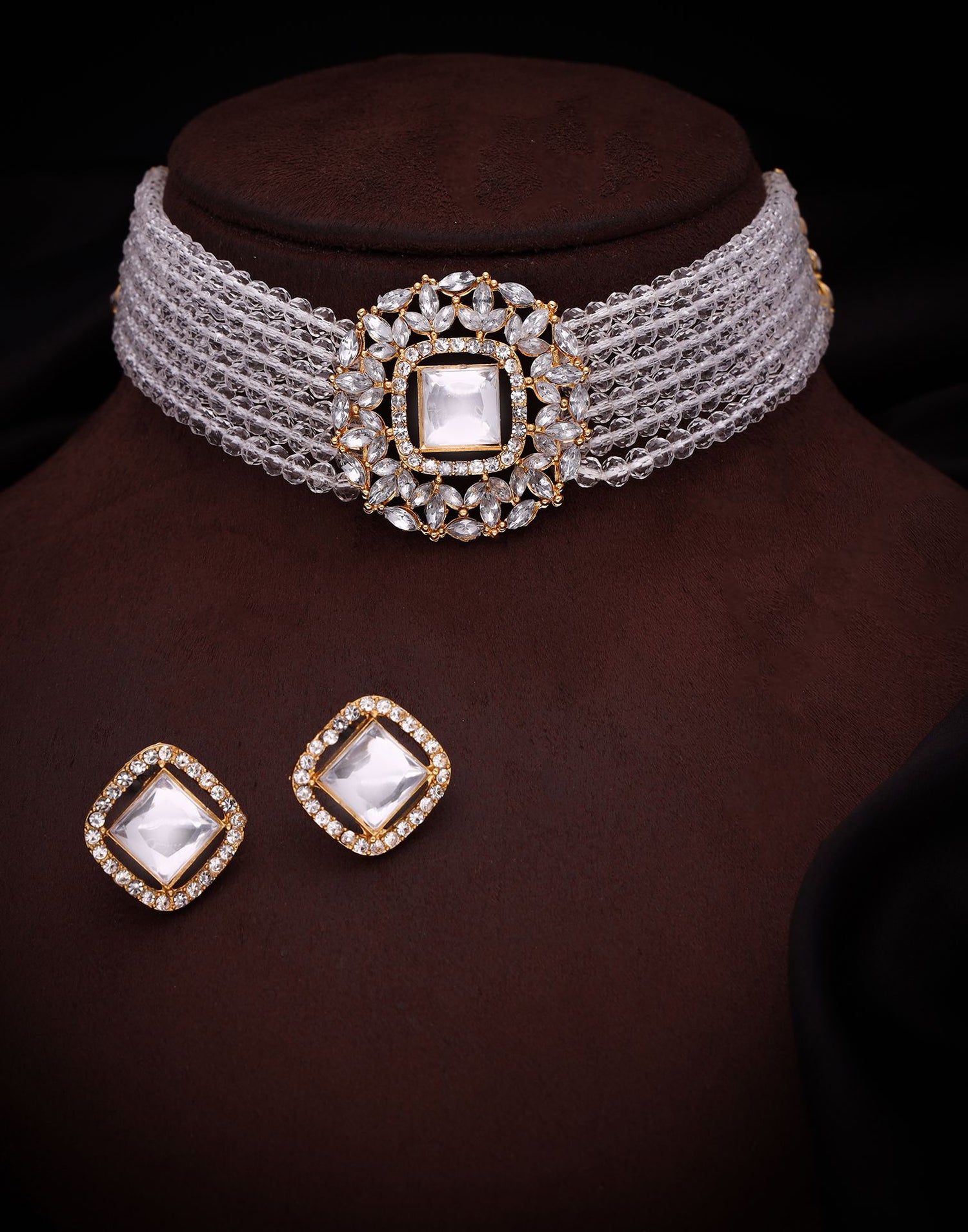 White Gold Layered Necklace Necklace Set With Stud Earring