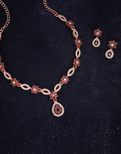 Brown Rose Gold Choker Necklace Set With Stud Earring