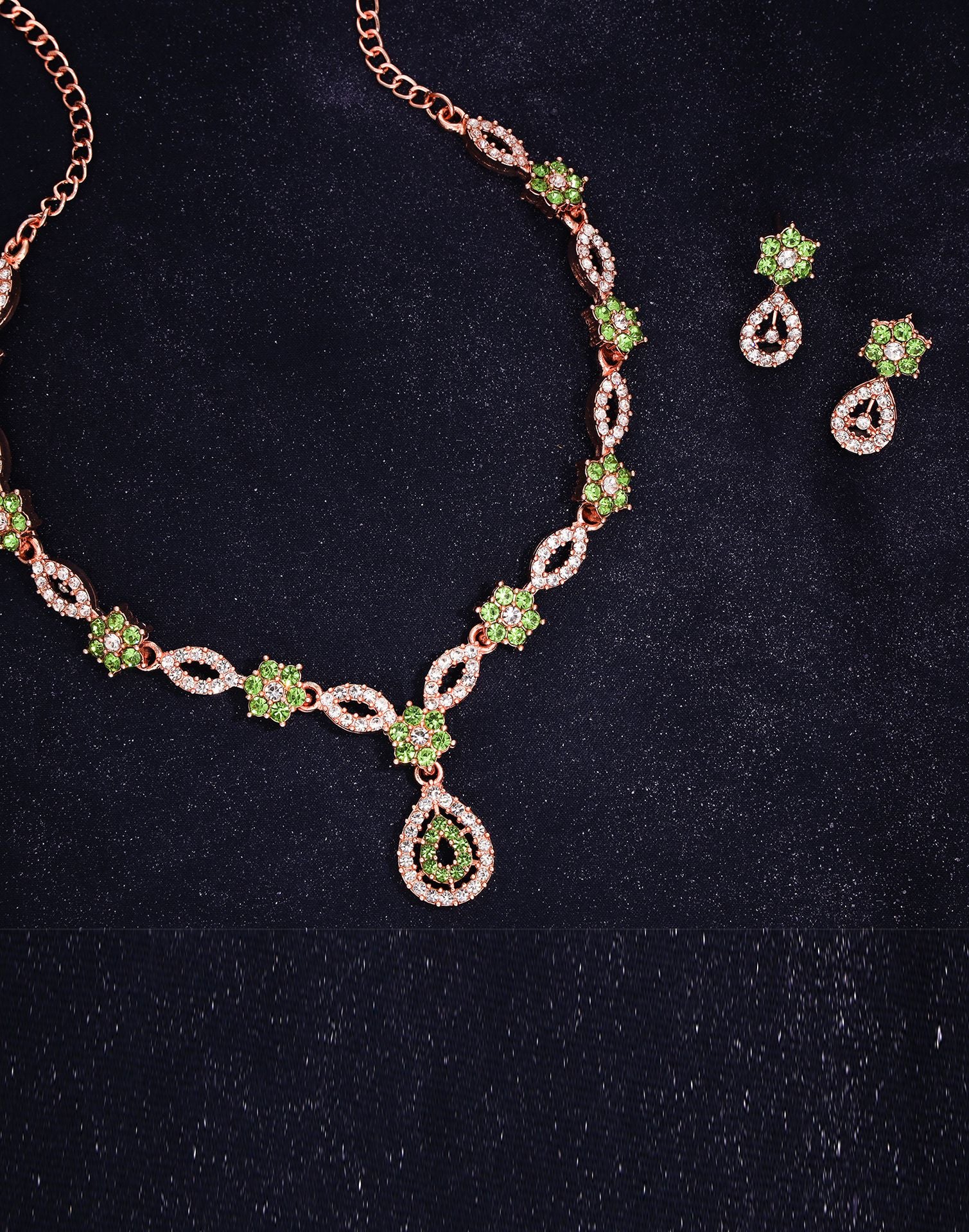 Green Rose Gold Choker Necklace Set With Stud Earring