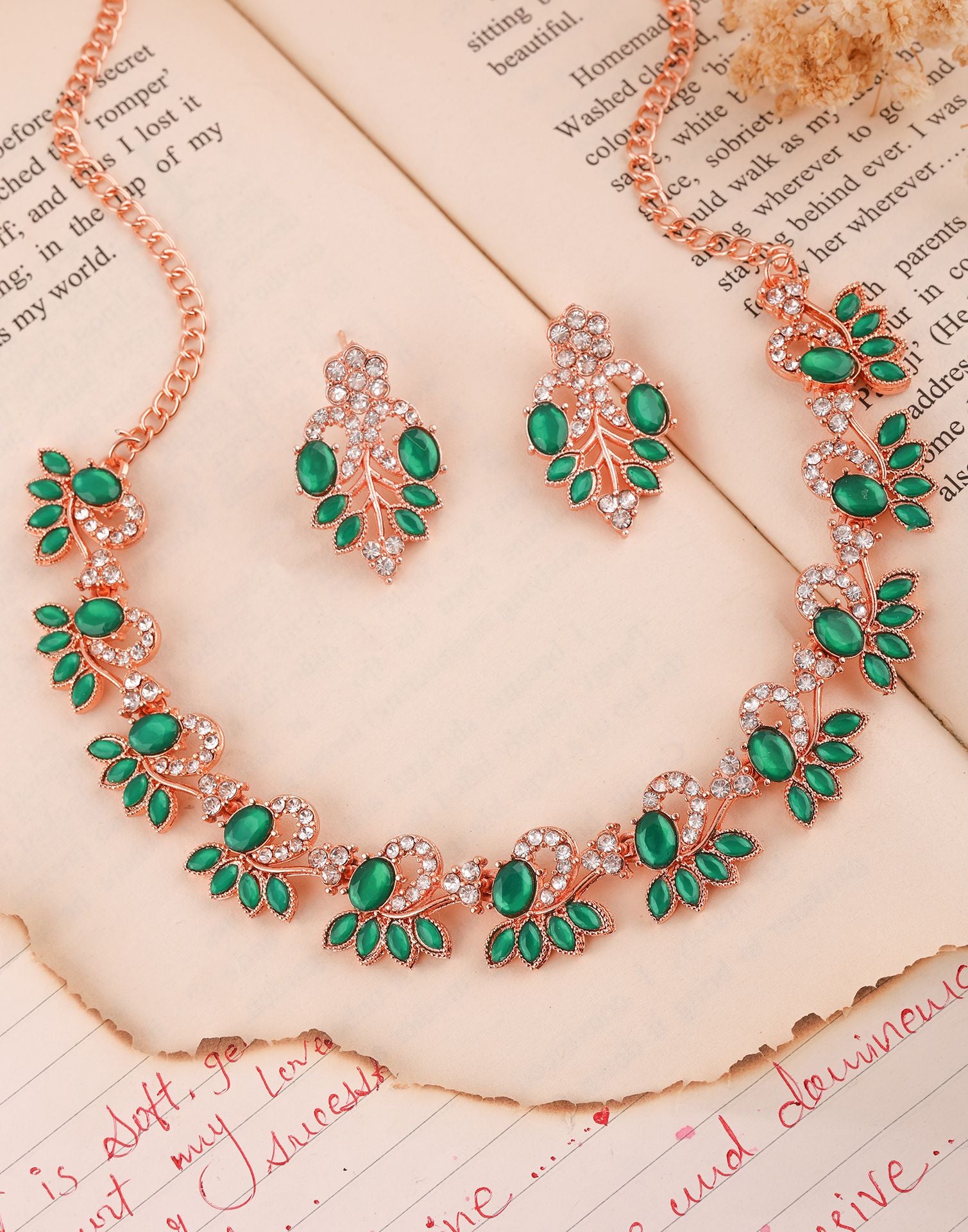 Necklace/earring set online in gold/green