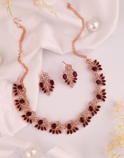 Maroon Rose Gold Choker Necklace Set With Dangle Earring