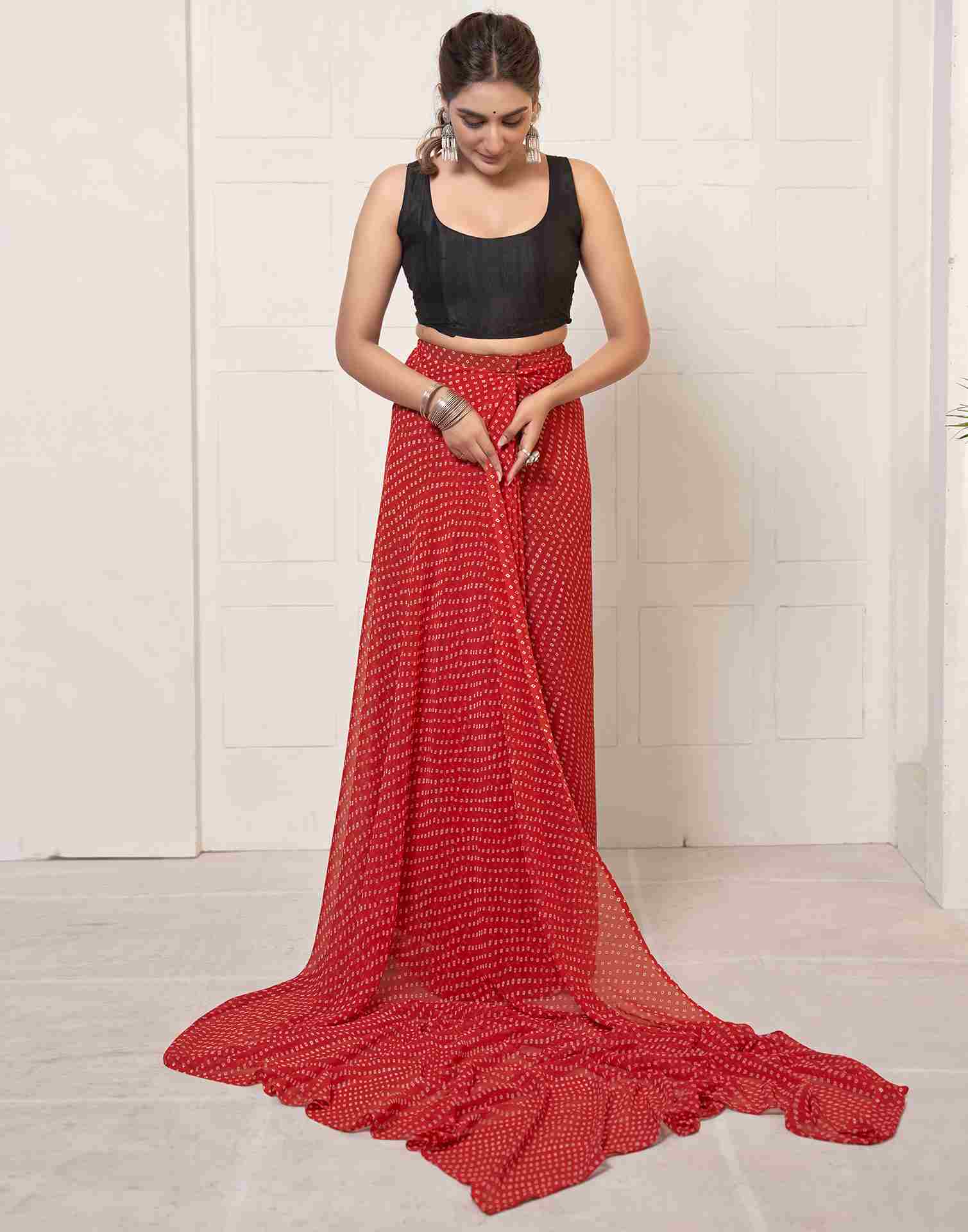 Ready To Wear Red Georgette Printed Saree