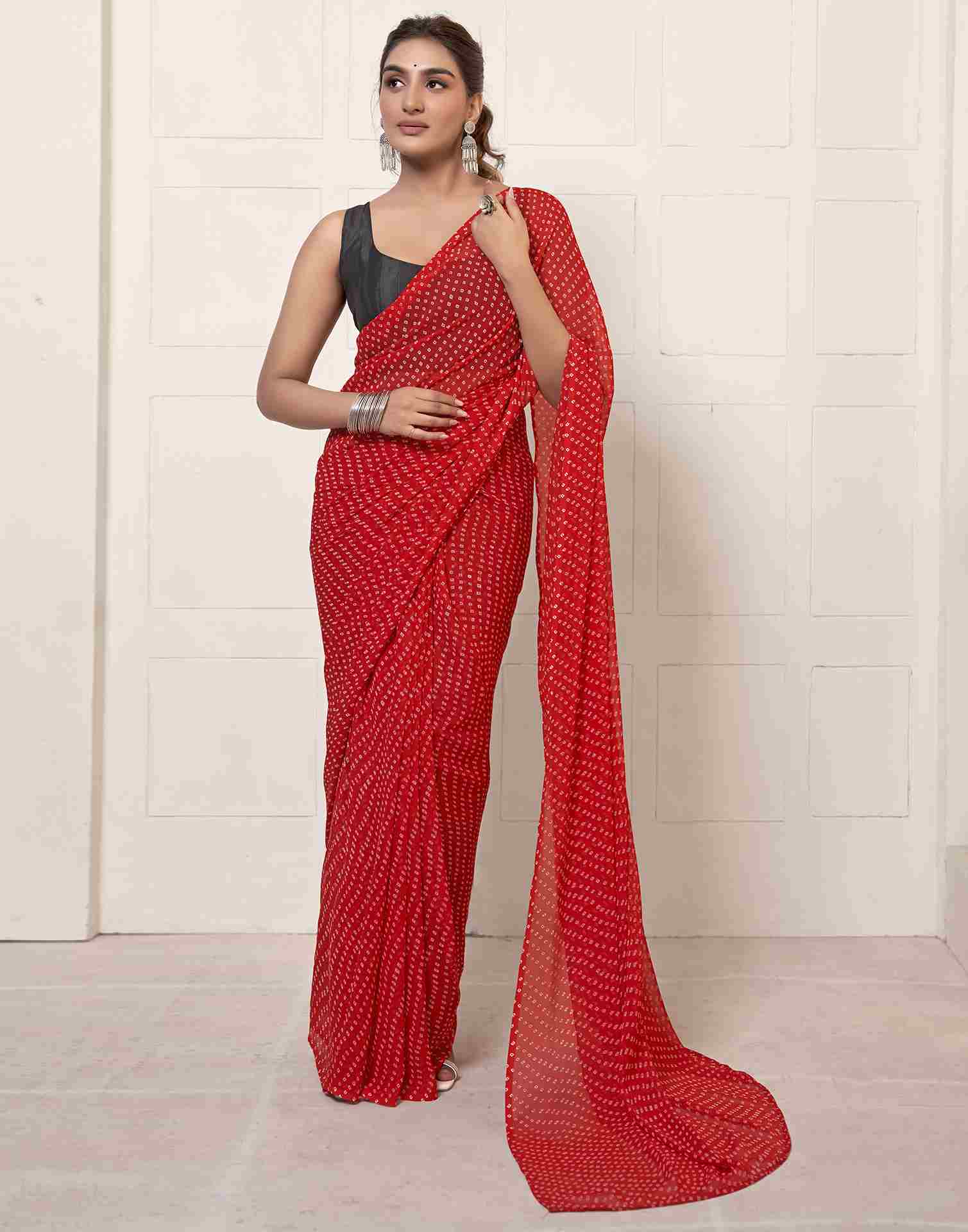 Ready To Wear Red Georgette Printed Saree