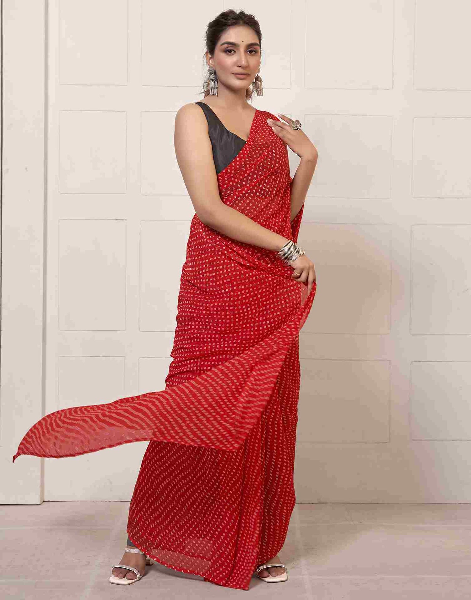 Ready To Wear Red Georgette Printed Saree