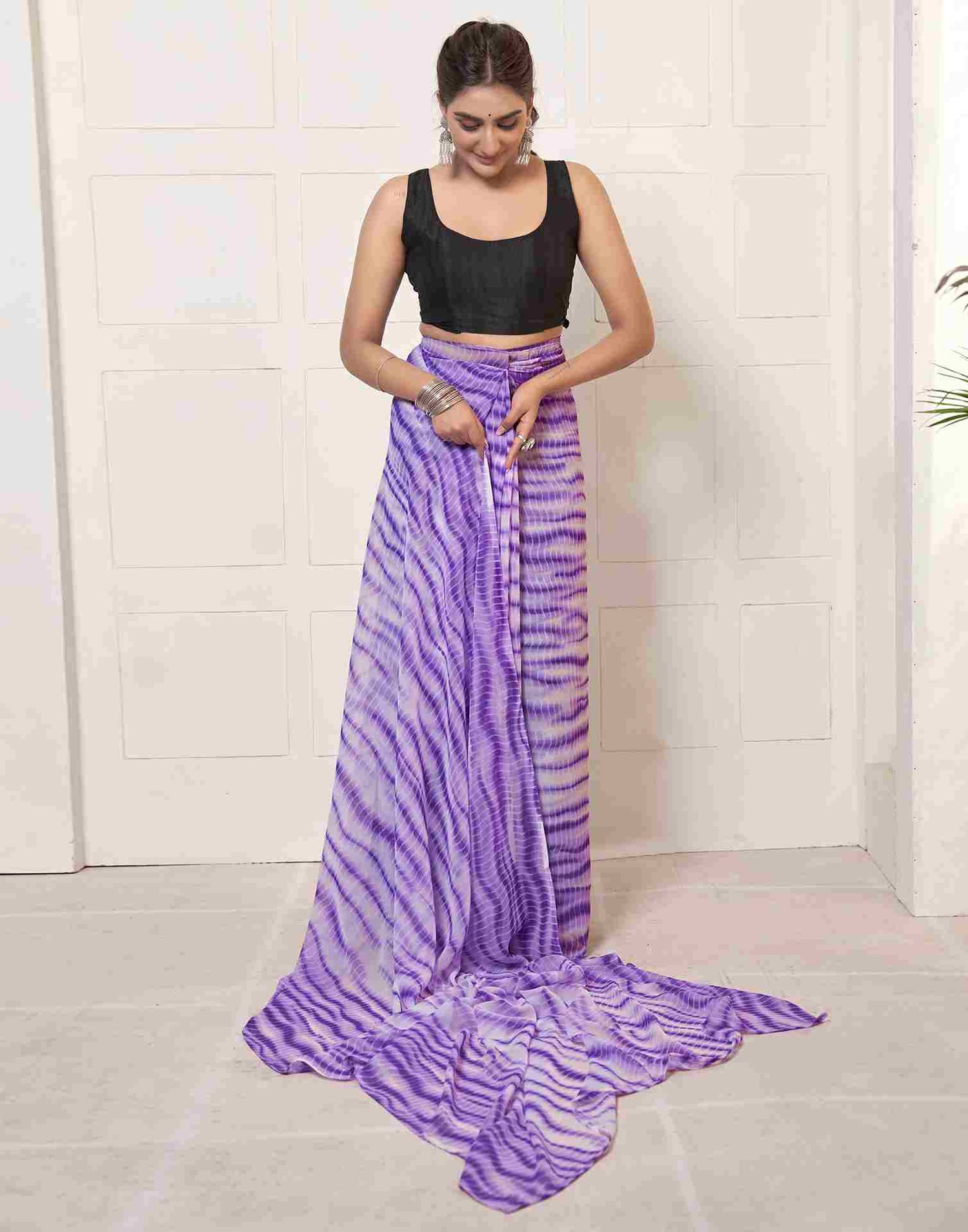 Ready To Wear Purple Georgette Printed Saree