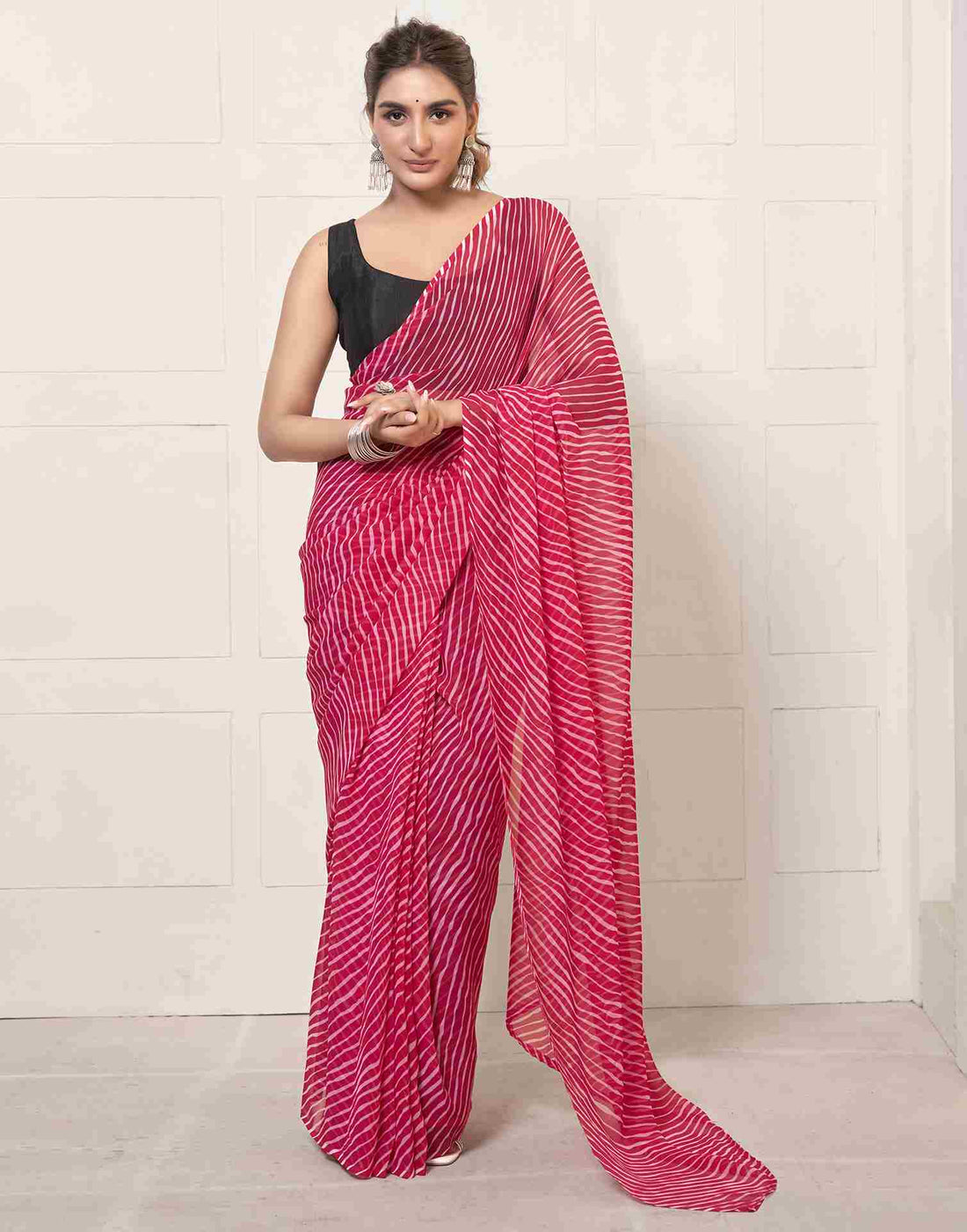 Ready To Wear Dark Pink Georgette Printed Leheriya Saree