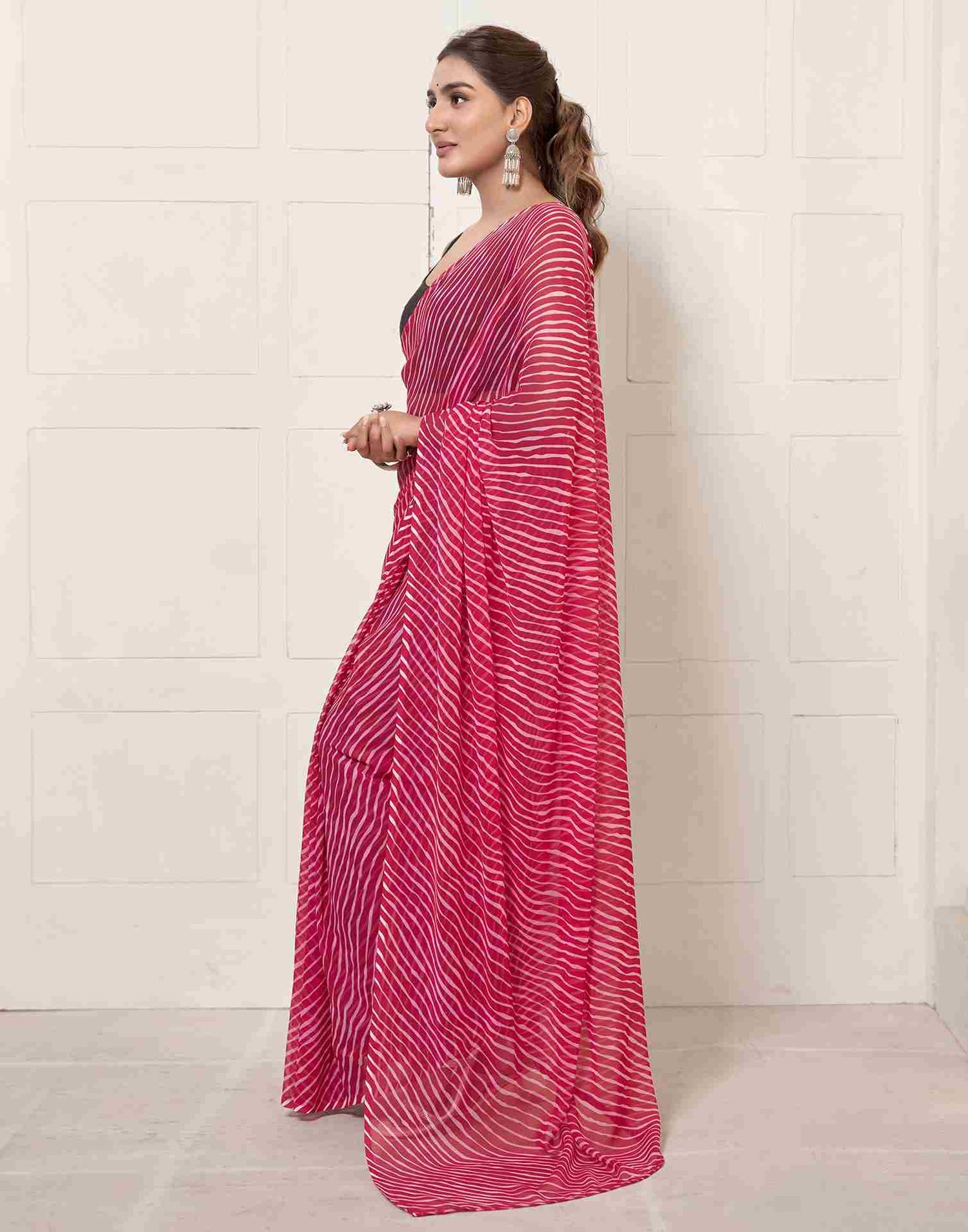 Ready To Wear Dark Pink Georgette Printed Leheriya Saree