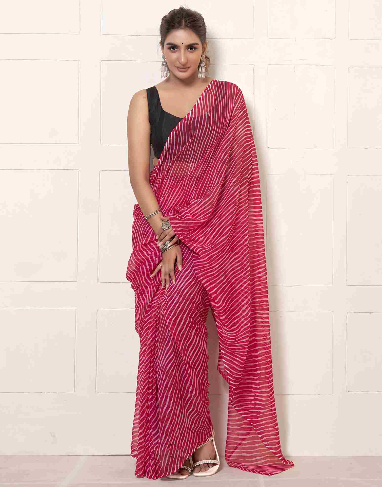 Ready To Wear Dark Pink Georgette Printed Leheriya Saree