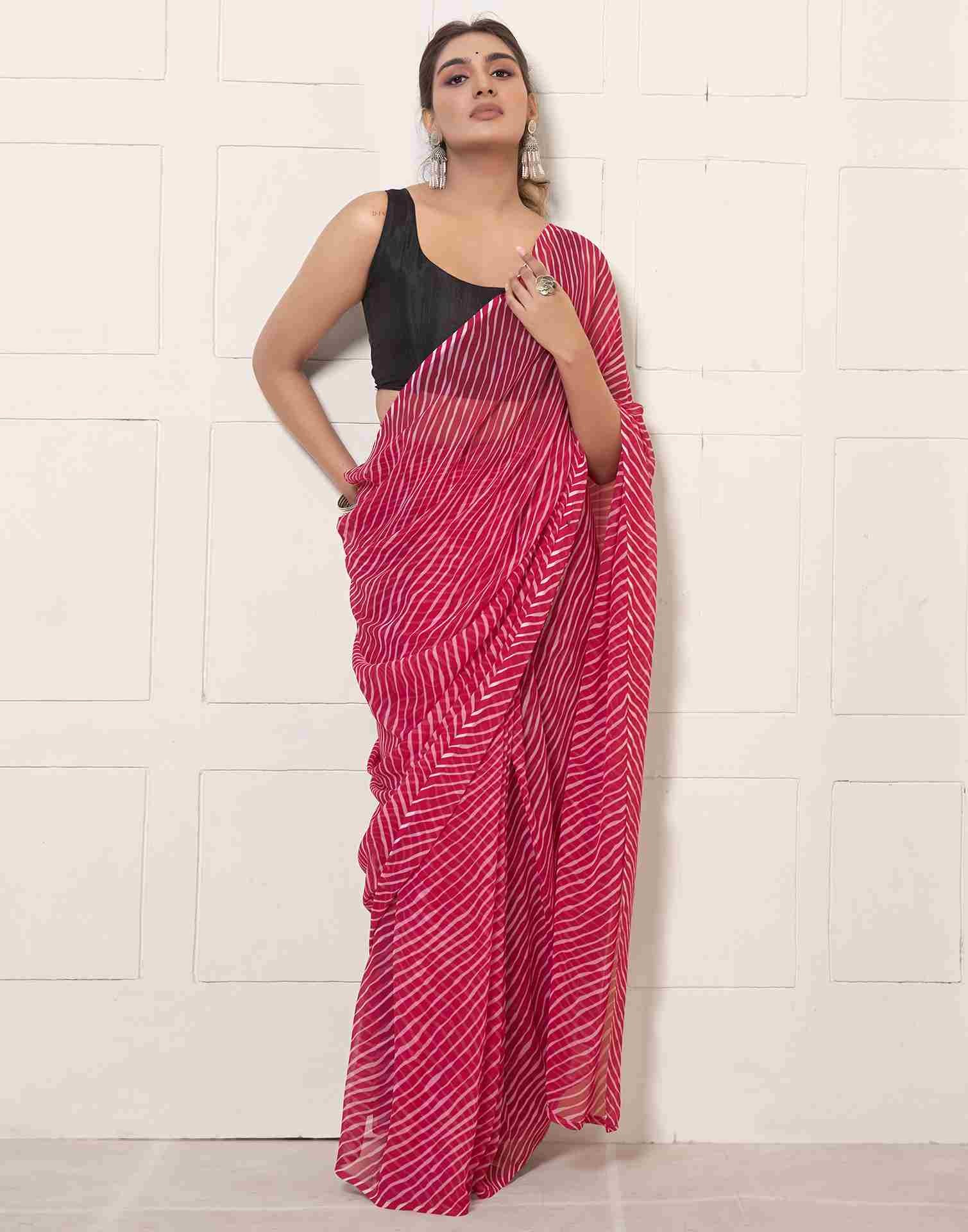 Ready To Wear Dark Pink Georgette Printed Leheriya Saree