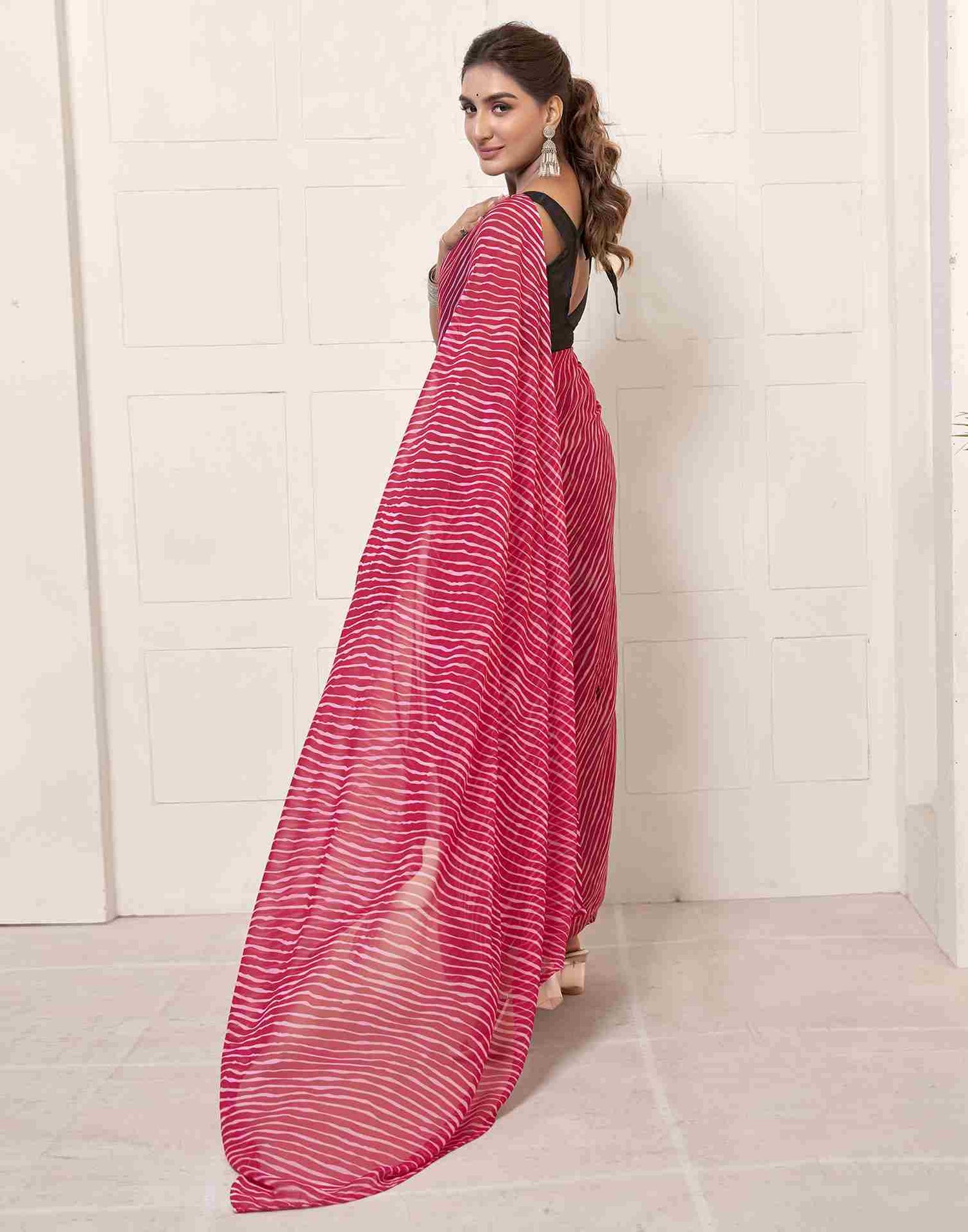 Ready To Wear Dark Pink Georgette Printed Leheriya Saree