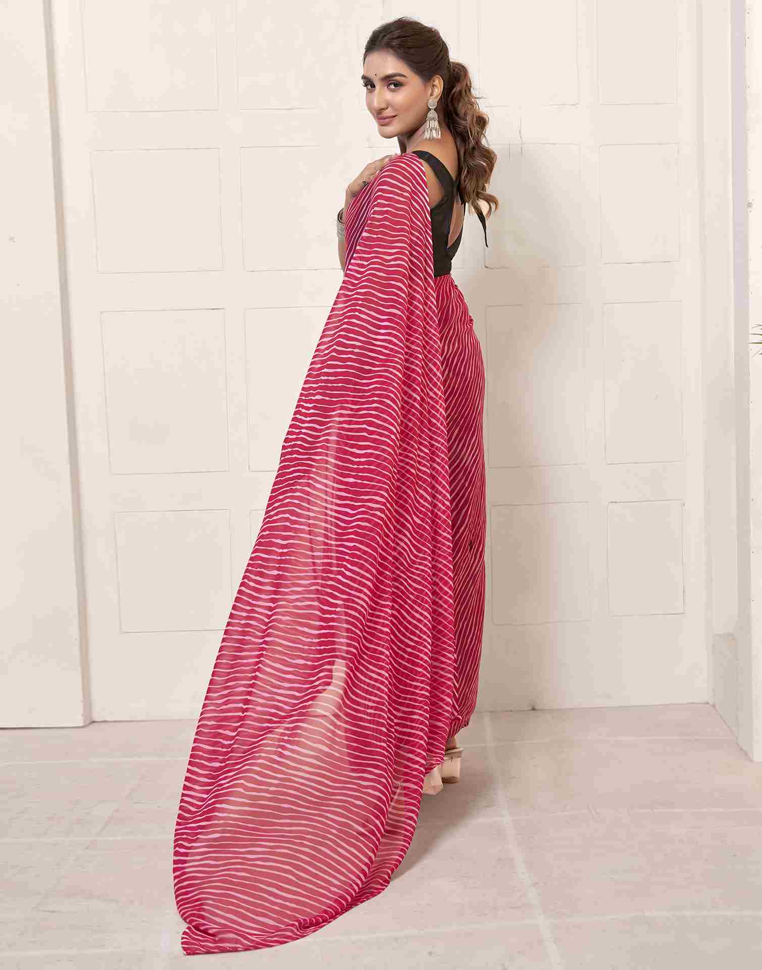 Ready To Wear Dark Pink Georgette Printed Leheriya Saree