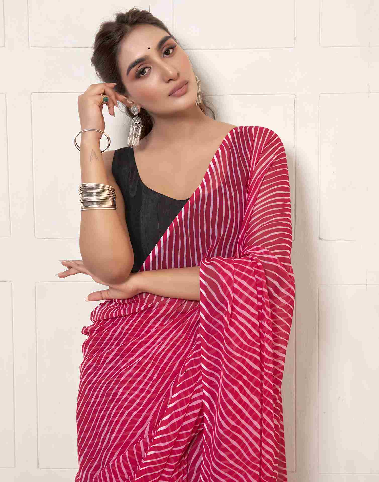 Ready To Wear Dark Pink Georgette Printed Leheriya Saree