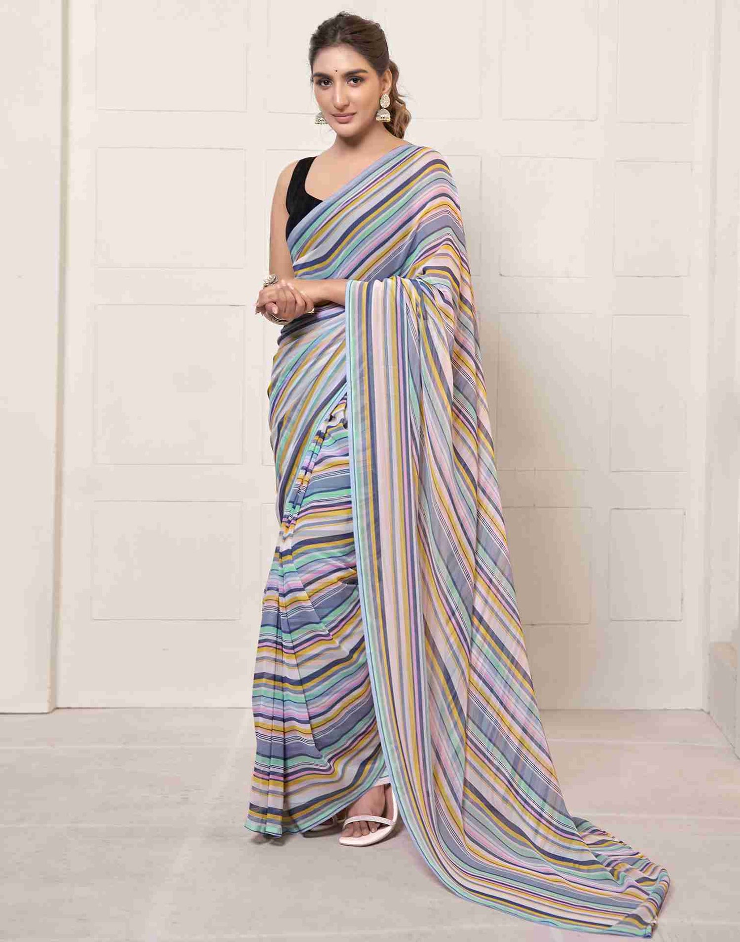 Ready To Wear Grey Georgette Printed Saree