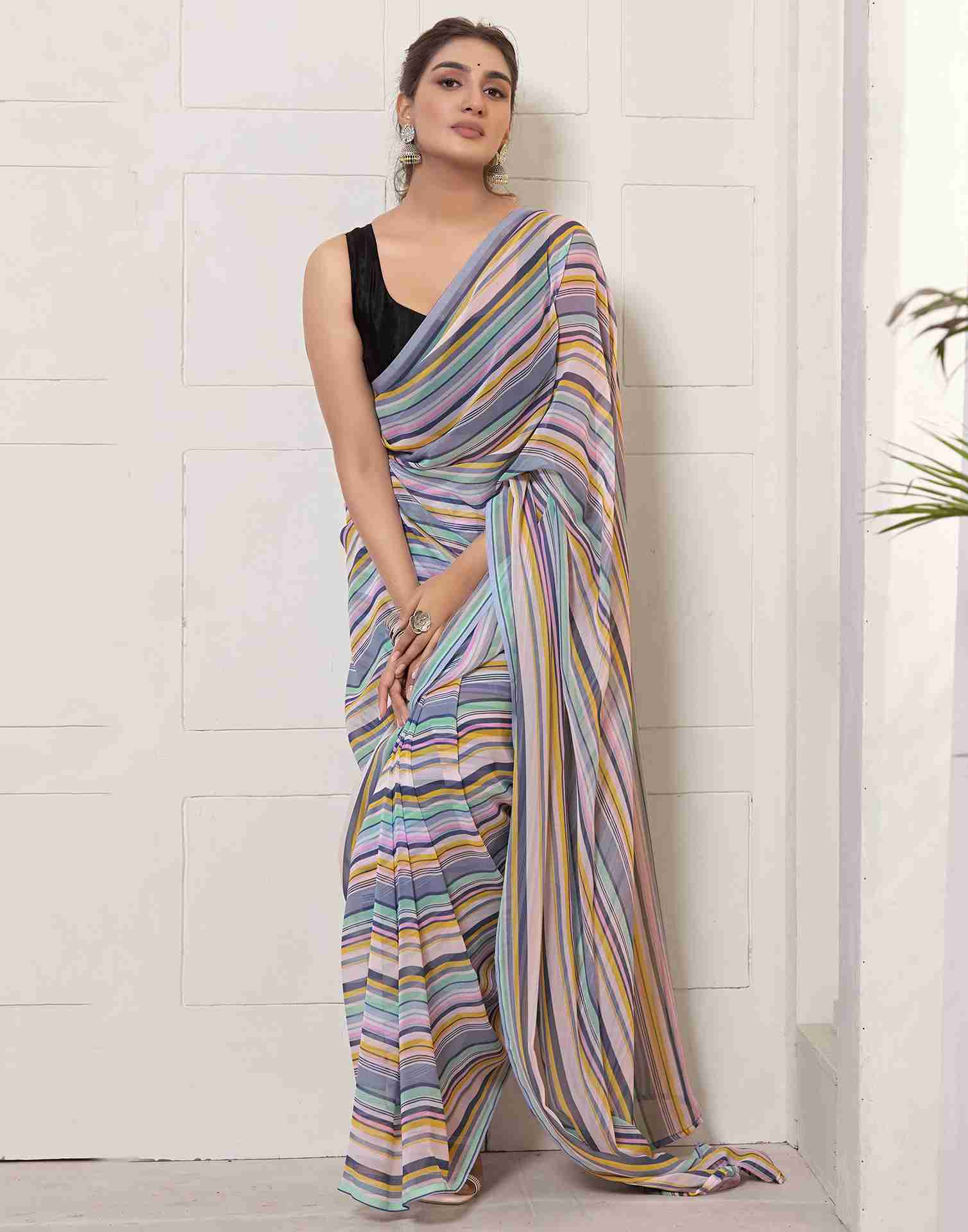 Ready To Wear Grey Georgette Printed Saree